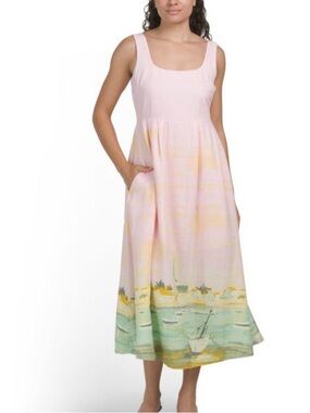 CYNTHIA ROWLEY linen blend seaside print midi dress
